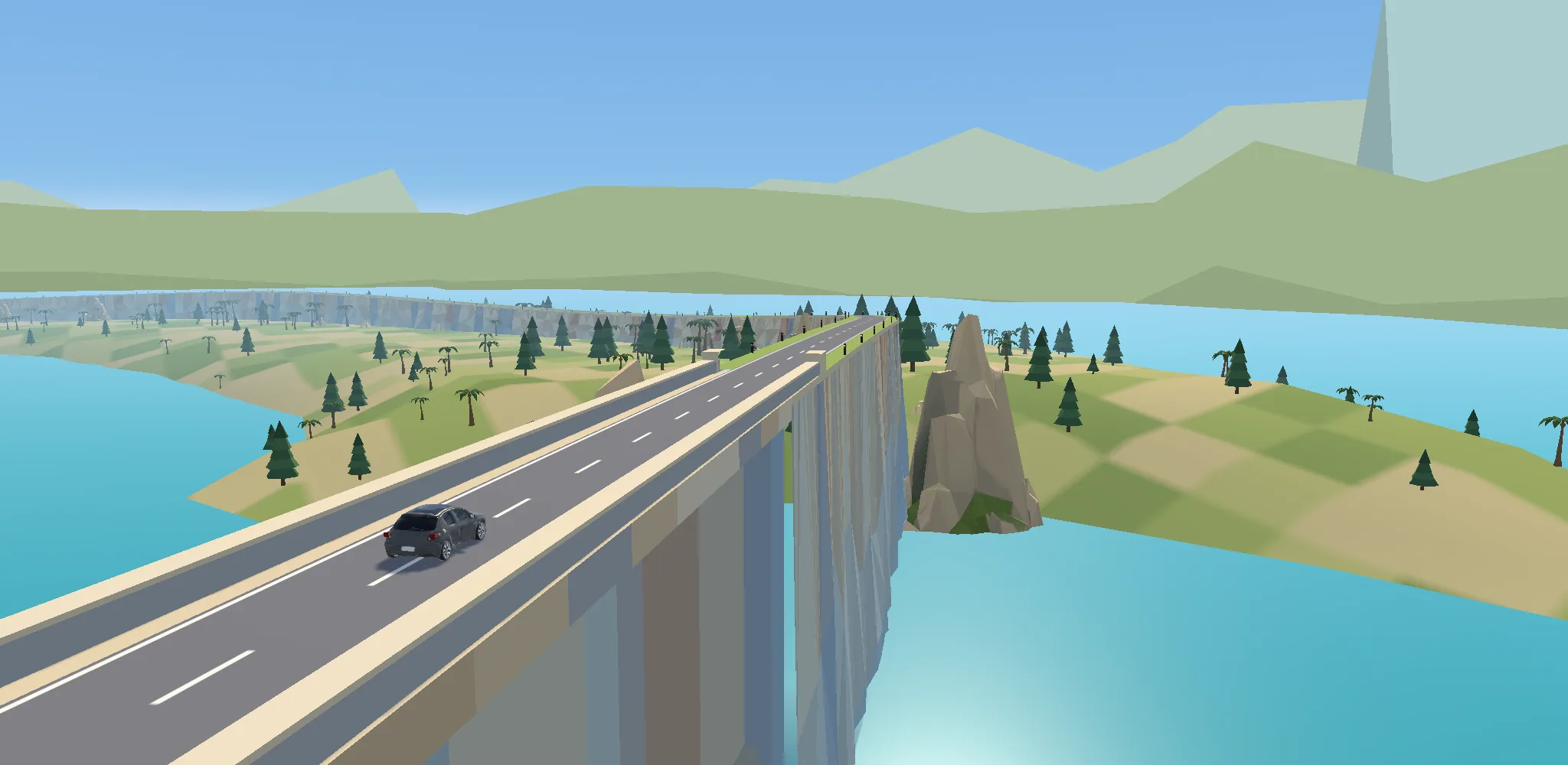 Ponte de pedra sobre o mar azul-turquesa, com o carro atravessando